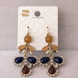 Stony Multi Stone Statement Earrings Navy Brown Gold Tone